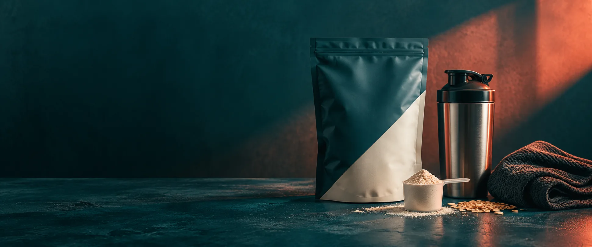 Unbranded protein pouch and shaker in a studio setting